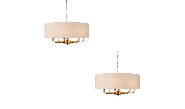 Loops Direct Set of 2 Linen 8-Light Pendant Lamp - Brass and Linen