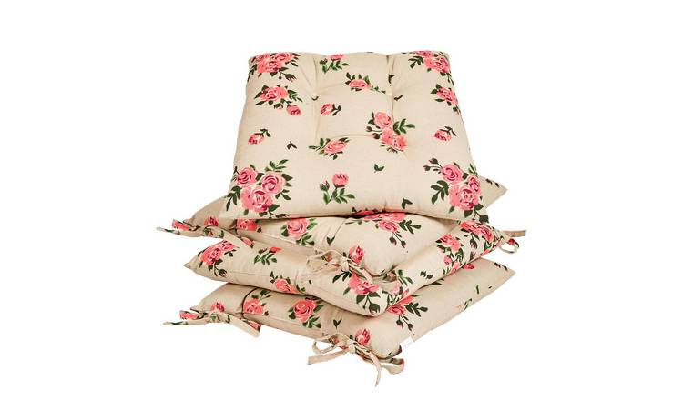 Dibor Set of 4 Vintage Rose Outdoor Garden Chair Cushion Seat Pads - Pink