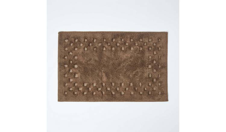 Homescapes Cotton Check Border Bath Mat - Chocolate
