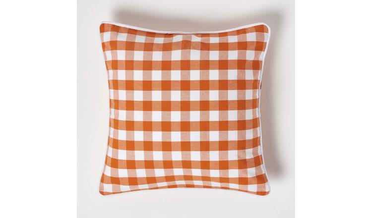 Homescapes Orange Block Check Cotton Gingham Cushion Cover - 45 x 45 cm