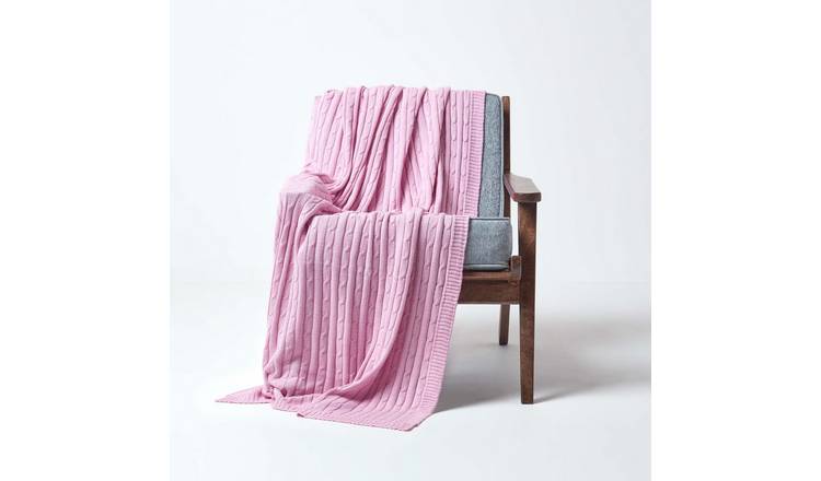 Homescapes Cotton Cable Knit Throw - 130 x 170 cm - Pastel Pink