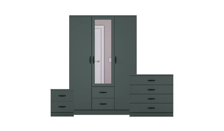 Vida Designs Riano Bedroom Set (Bedside, 5 Drawer Chest, Mirror Wardrobe)- Green