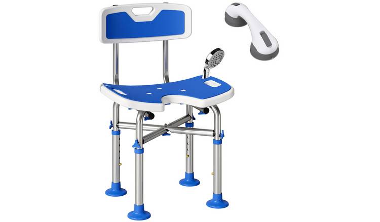 HOMCOM Height Adjustable Shower Chair with U-Shaped Cutout - Blue