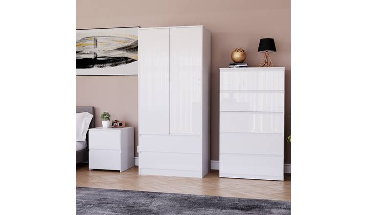 Vida Designs Glinton Bedroom Set (Bedside, 5 Drawer Chest, 2x2 Wardrobe) - White