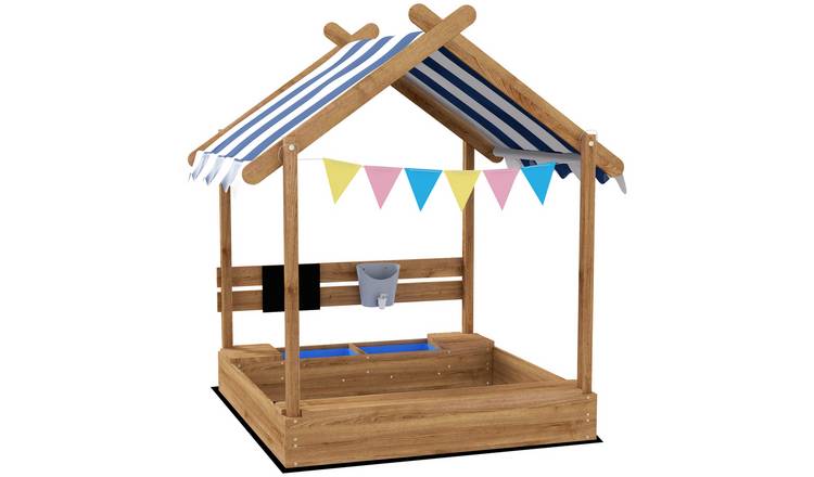 Outsunny Wooden Sand Pit Kids Sandbox with Canopy for Garden - Brown