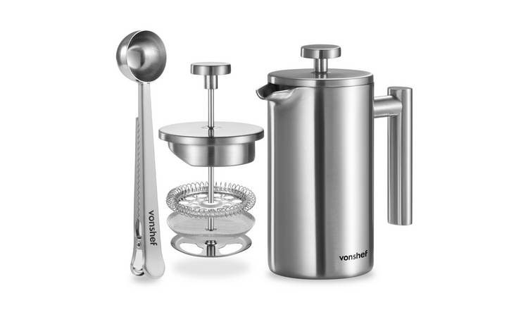 VonShef 3 Cup/350ml Double Wall Stainless Steel Cafetiere - Silver