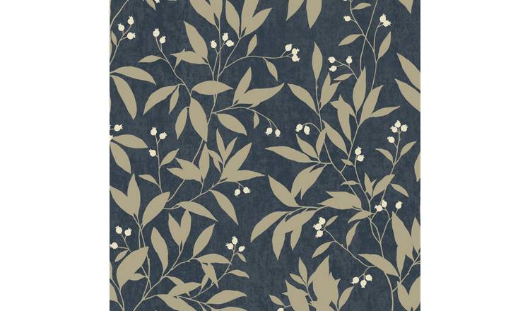 Grandeco Mikaya Rose Hip Sprig Blown Vinyl Wallpaper - Navy Blue
