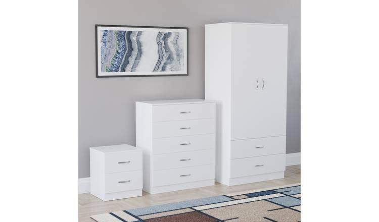 Vida Designs Riano Bedroom Set (Bedside, 5 Drawer Chest, 2x2 Wardrobe) - White