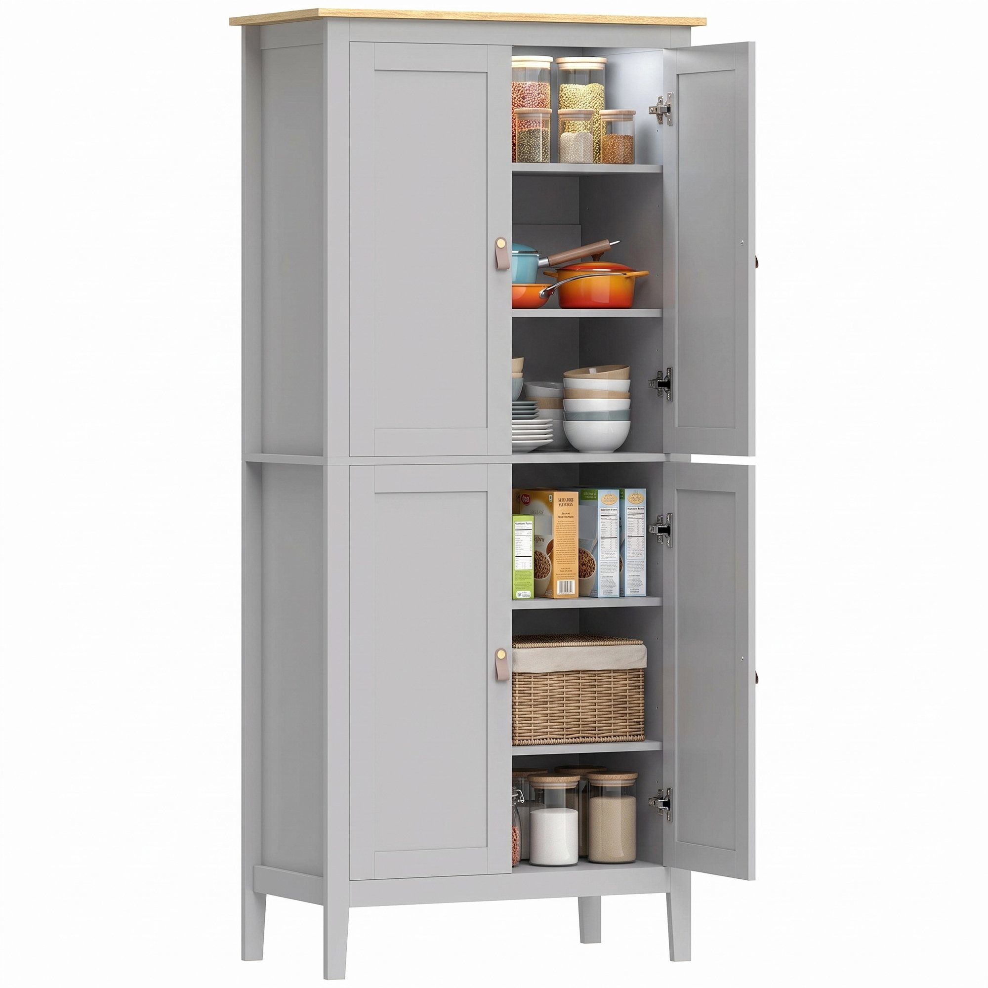 HOMCOM 177 cm Tall Kitchen Cupboard with Pantry Motion Sensor LED Light  - Grey - Image 1