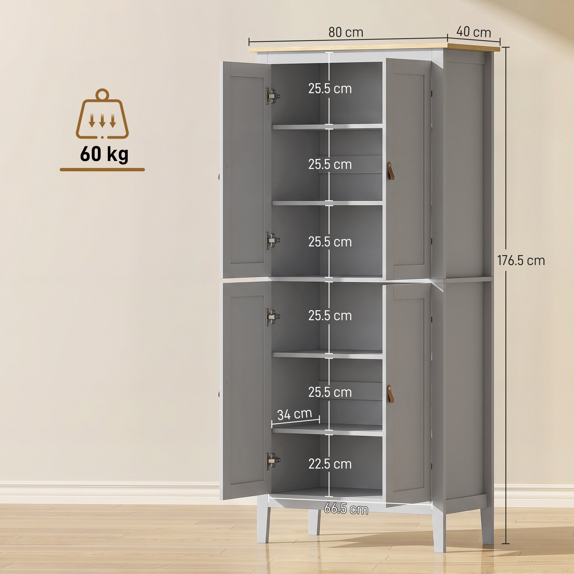 HOMCOM 177 cm Tall Kitchen Cupboard with Pantry Motion Sensor LED Light  - Grey - Image 3