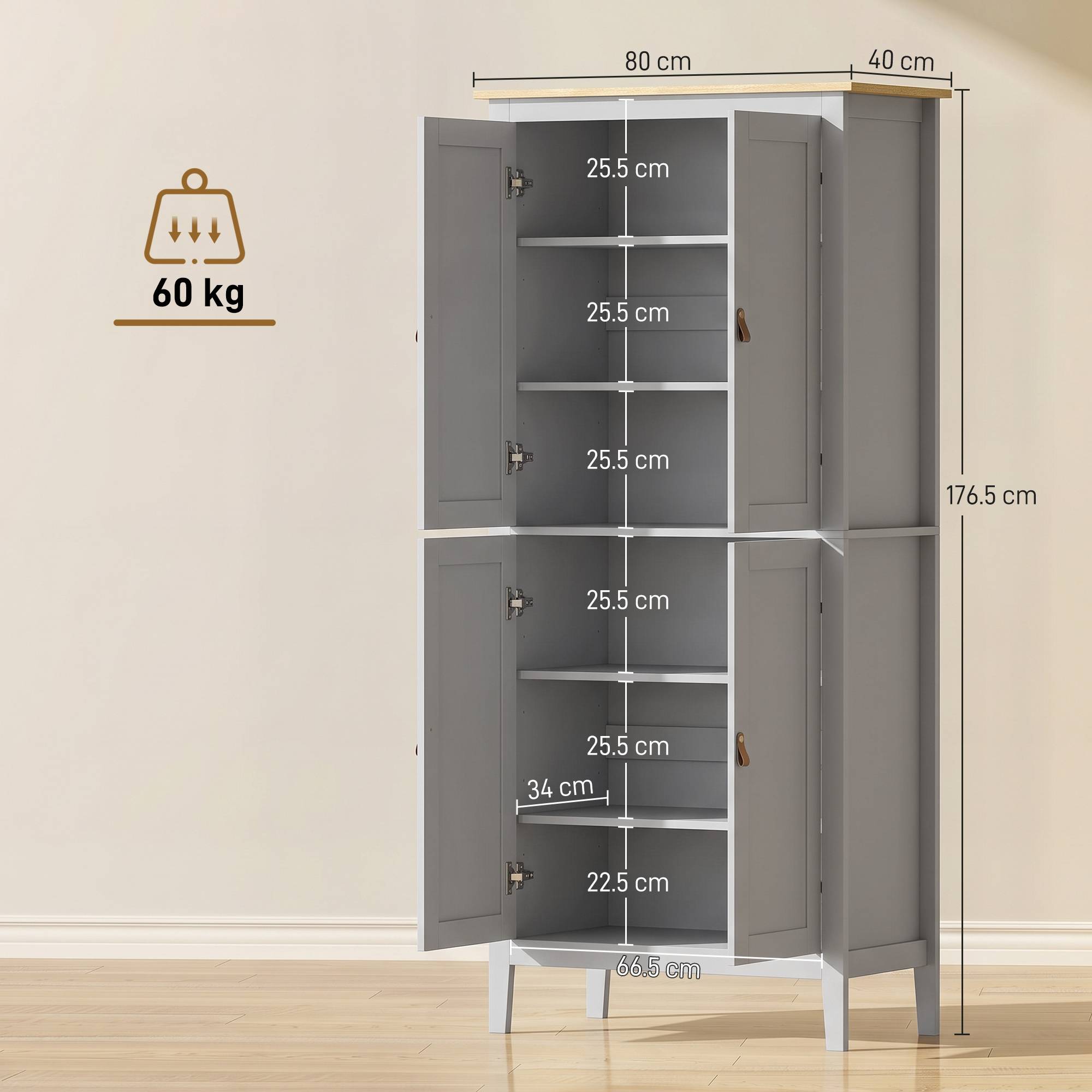 HOMCOM 177 cm Tall Kitchen Cupboard with Pantry Motion Sensor LED Light  - Grey - Image 3
