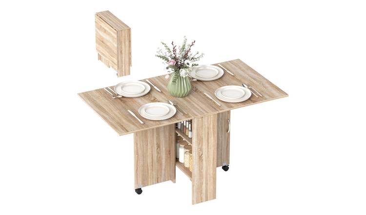 HOMCOM Folding Dining Table with 2-Tier Shelves for 4-6 People - Natural