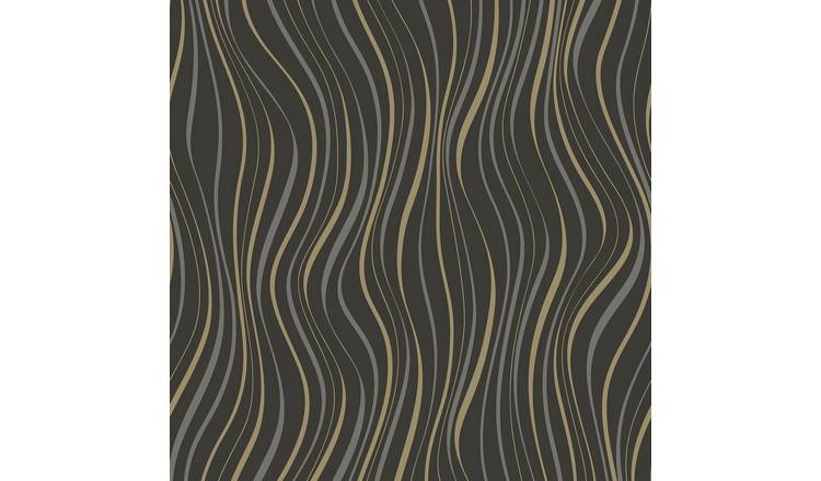 Grandeco Line-Up Wave Stripe Blown Vinyl Textured Wallpaper - Black