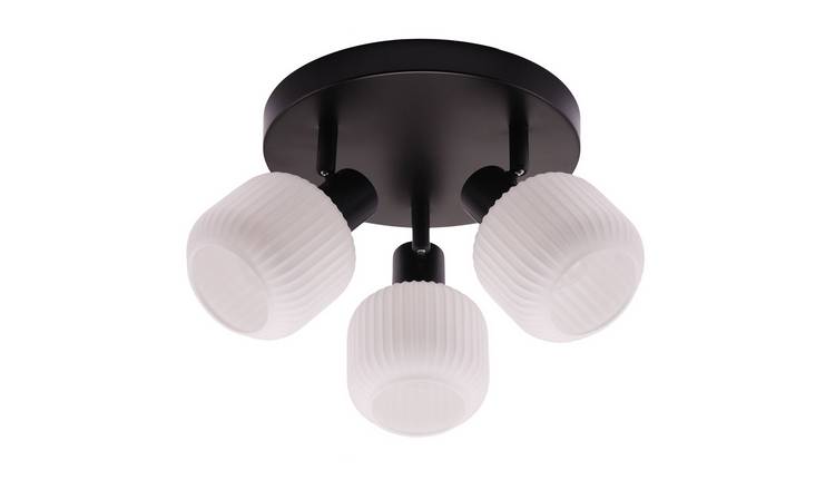 Happy Homewares Matte Black Spot with White Ribbed Glass Ceiling Light - 25cm