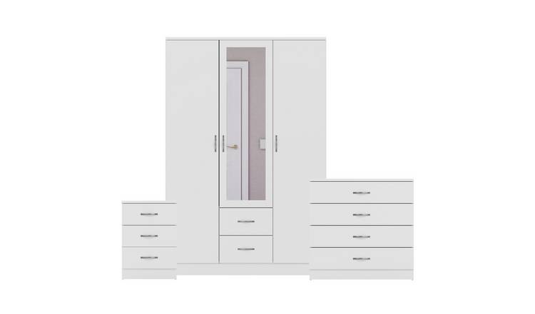 Vida Designs Riano Bedroom Set (Bedside, 4 Drawer Chest, Mirror Wardrobe)- White