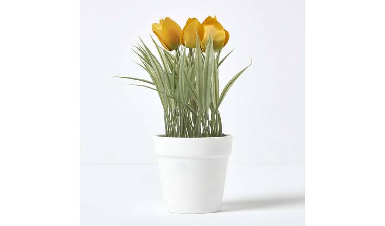 Homescapes Polyester Blend Artificial Tulips in White Plastic Pot - Yellow