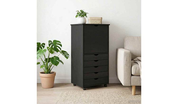 Walplus 5 Drawer Solid Pine Rolling Cabinet - Black - 53 x 39 x 103 cm