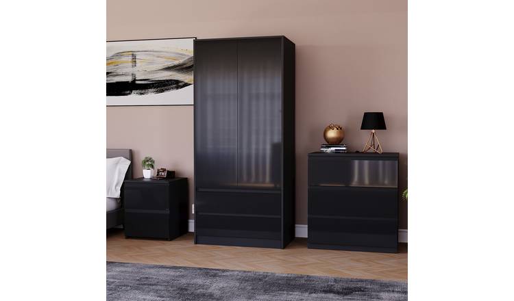 Vida Designs Glinton Bedroom Set (Bedside - 3 Drawer Chest - Wardrobe) - Black