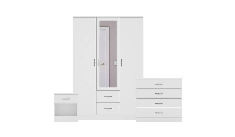 Vida Designs Riano Bedroom Set (Bedside, 4 Drawer Chest, Mirror Wardrobe)- White