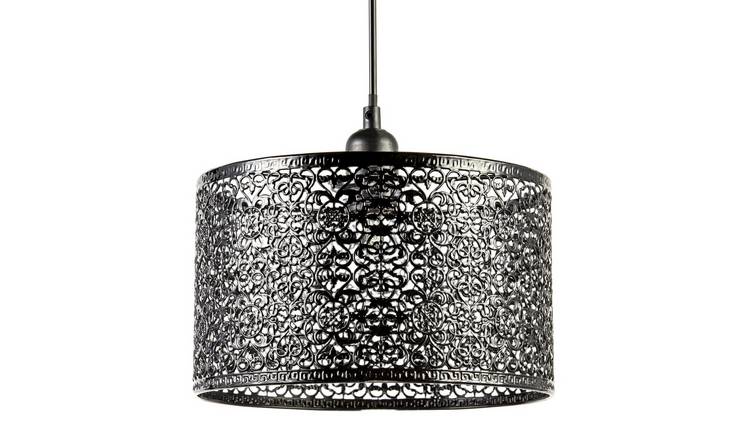 Happy Homewares Black Ornate Moroccan Decorated Metal Pendant Shade - 25cm