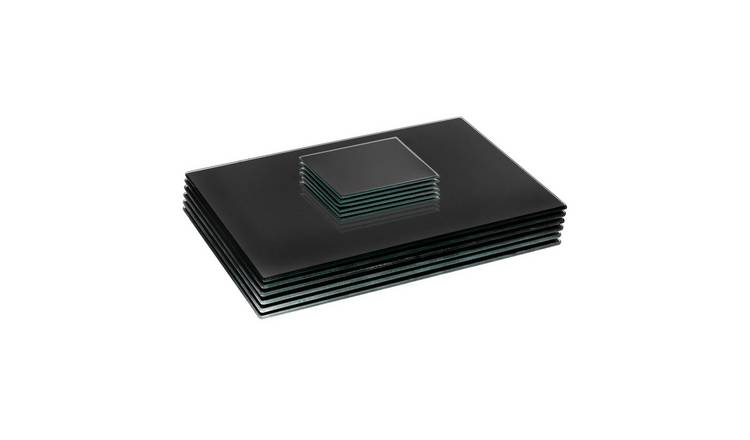Harbour Housewares Black Glass Placemats & Coasters - Set of 12 - 30 x 20cm