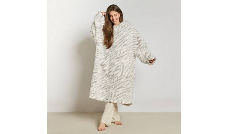 OHS Zebra Print Teddy Marl Hoodie Blanket - Extra Long - Mink