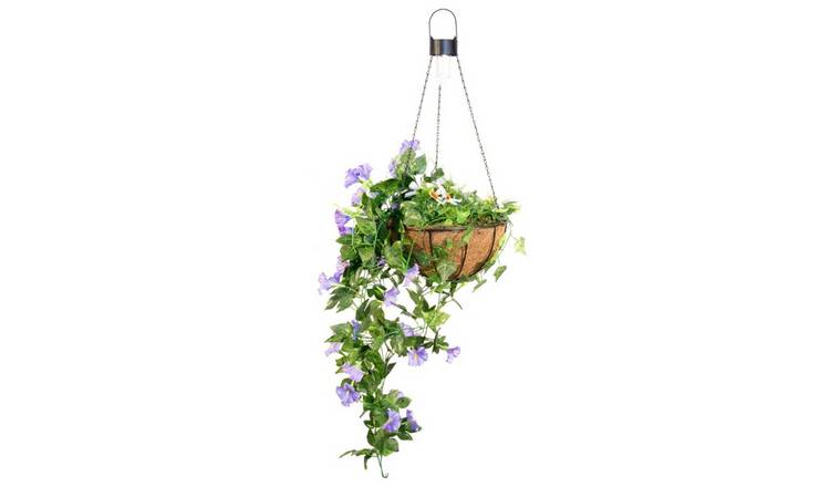 Primrose Artificial Duranta Purple Flowers Hanging Basket with Solar Light 26cm