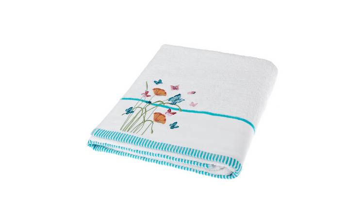 Homescapes Turkish Embroidered Butterfly Cotton Bath Sheet - White