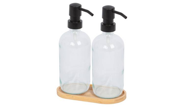 Harbour Housewares 2pc Glass Soap Dispenser Set with Bamboo Tray  - Clear