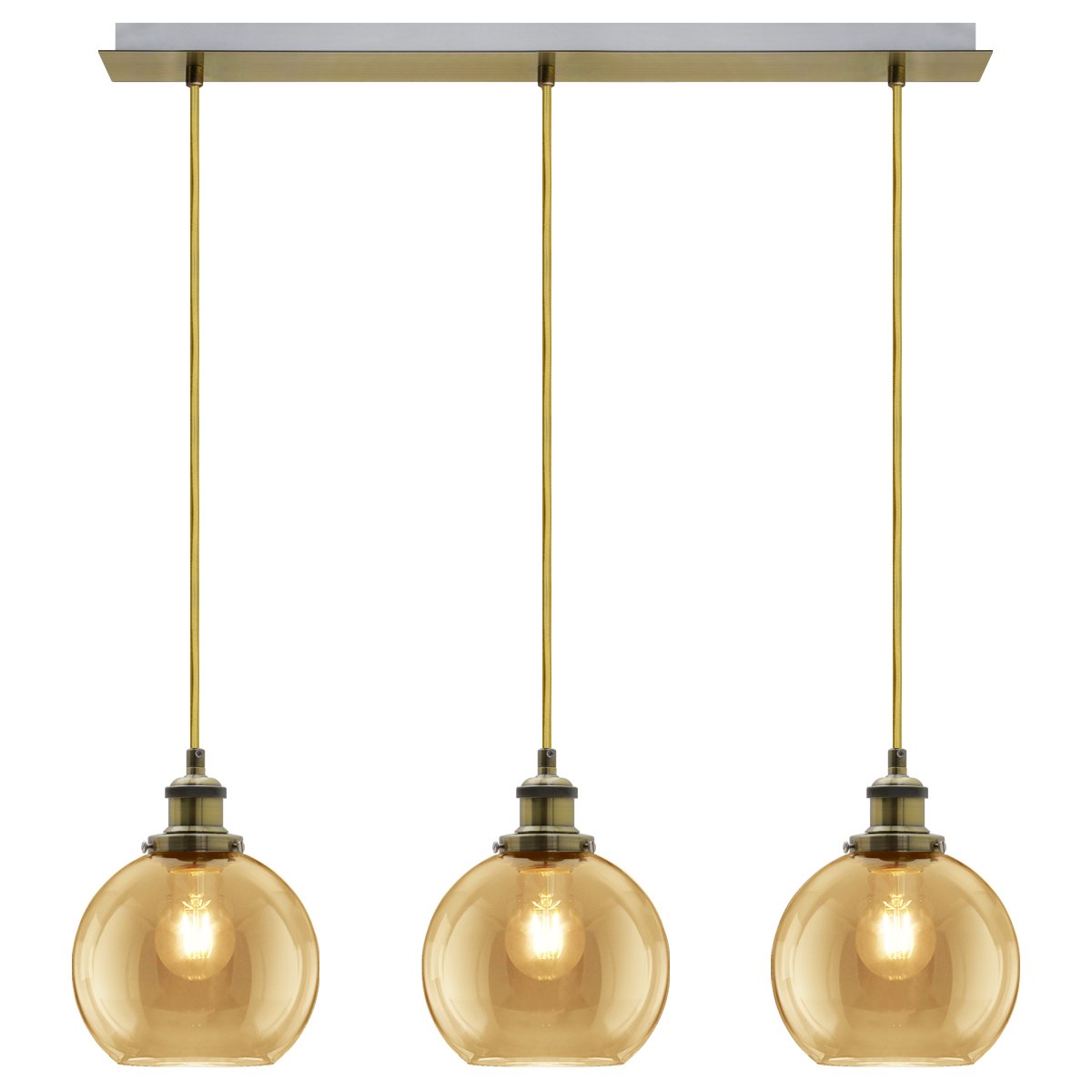 Energy Light Bulbs 3 Light Gold Glass Ceiling Pendant Light -Antique Brass - Image 1