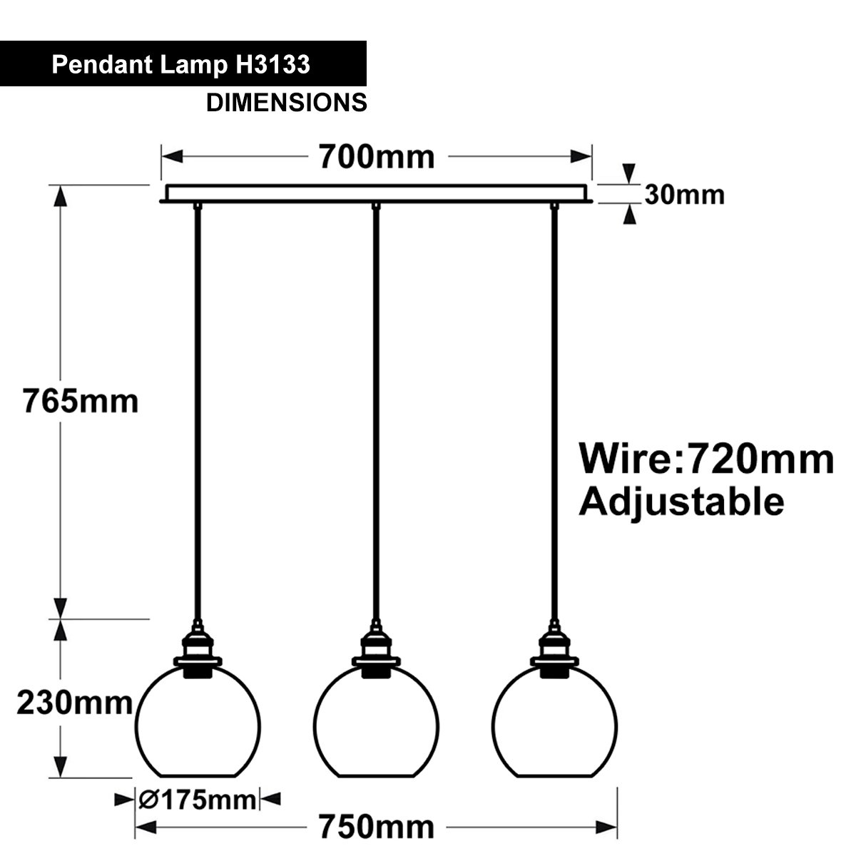 Energy Light Bulbs 3 Light Gold Glass Ceiling Pendant Light -Antique Brass - Image 2