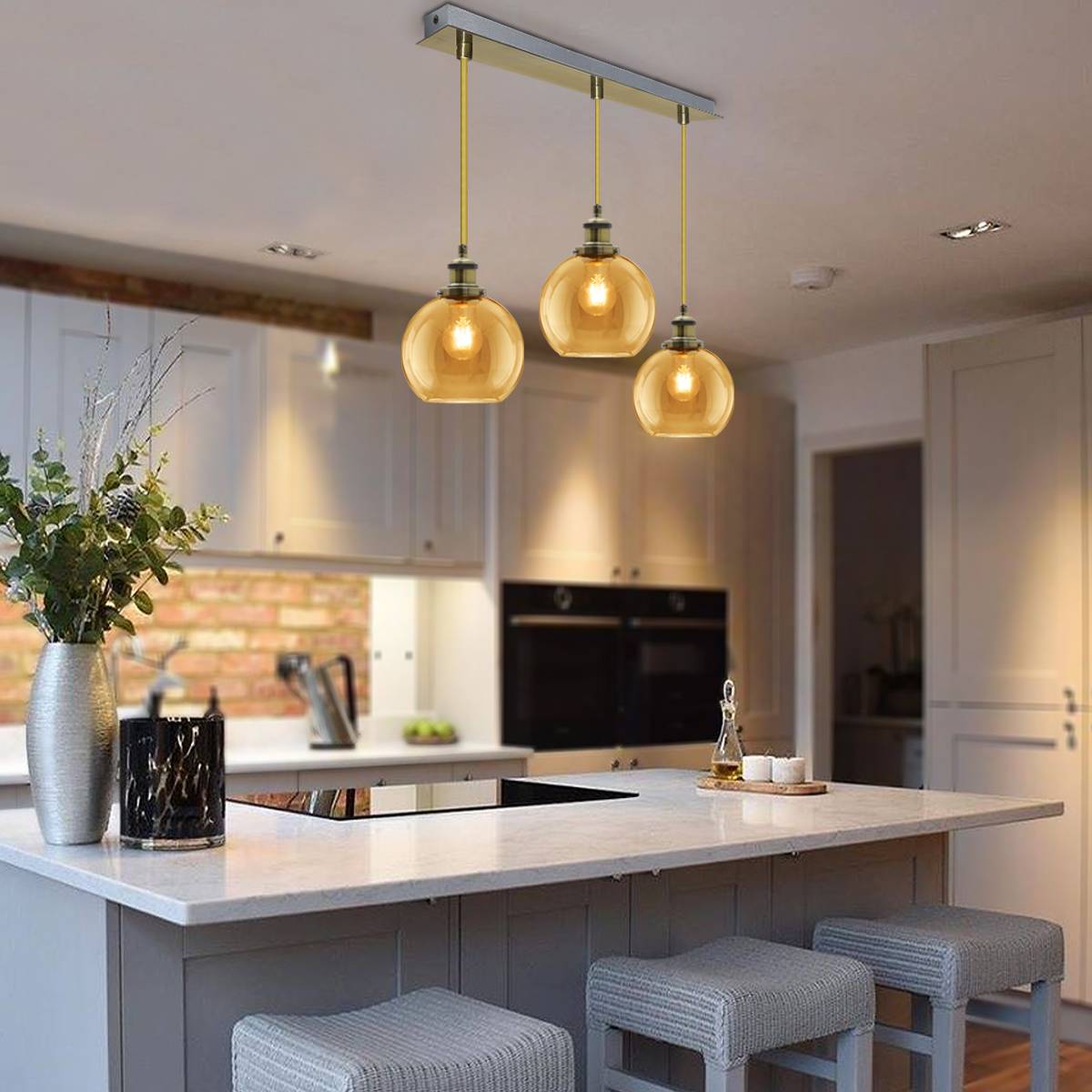 Energy Light Bulbs 3 Light Gold Glass Ceiling Pendant Light -Antique Brass - Image 6