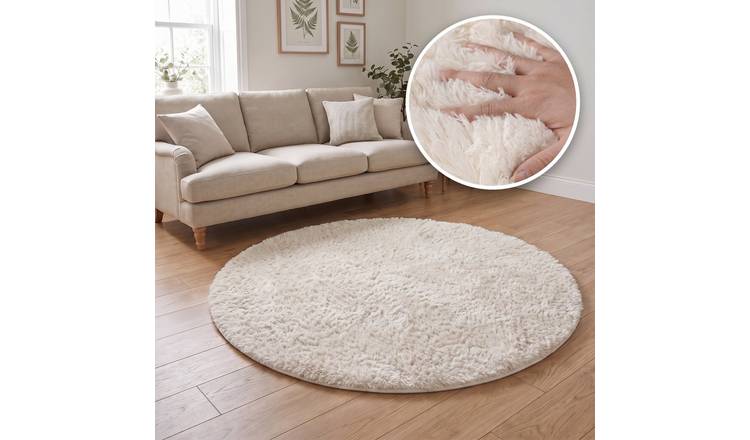 The Rugs Cream Lush Plain Washable Non Slip Shaggy Round Rug - 80cm