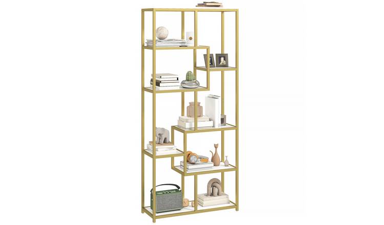 HOMCOM 7 Tier Industrial Storage Bookcase Book Shelf - White and Gold