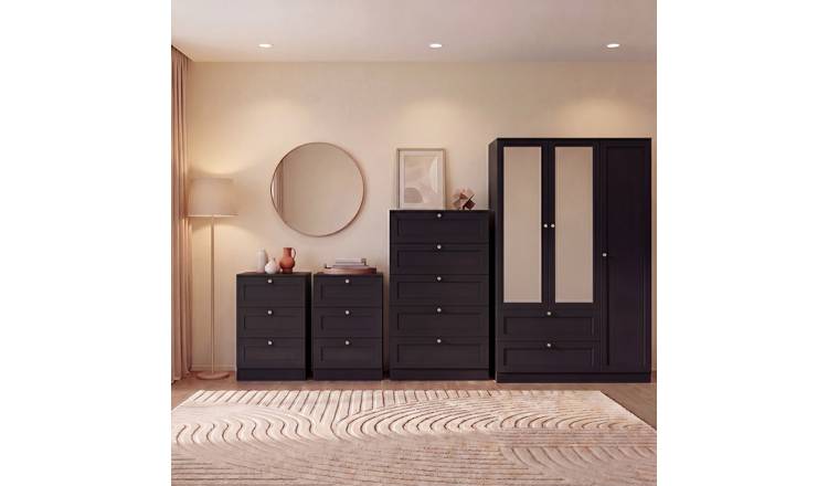 Vida Designs Altino Bedroom Set (Bedside, 4 Drawer, 3DR Wardrobe) - Black