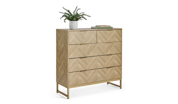 Vonhaus Ducie 5 Drawer Herringbone Bedroom Chest of Drawers - Brown