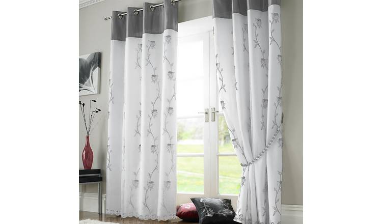 Luxury Living Embroidered Voile Lined Eyelet Curtains 142cm x 229cm - Silver
