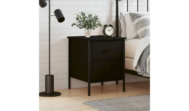 Walplus 2 Drawer Engineered Wood Bedside Cabinet - Black - 40 x 42 x 50 cm