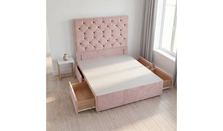 Somnior Diamante Velvet 4FT Small Double 4 Drawer Divan Bed Base - Pink