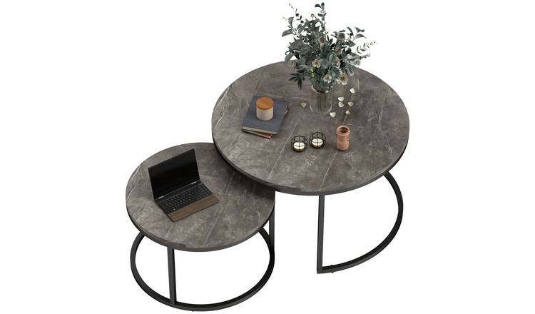 HOMCOM Set of 2 Round Coffee Table with Steel Frame - Marble Dark Grey