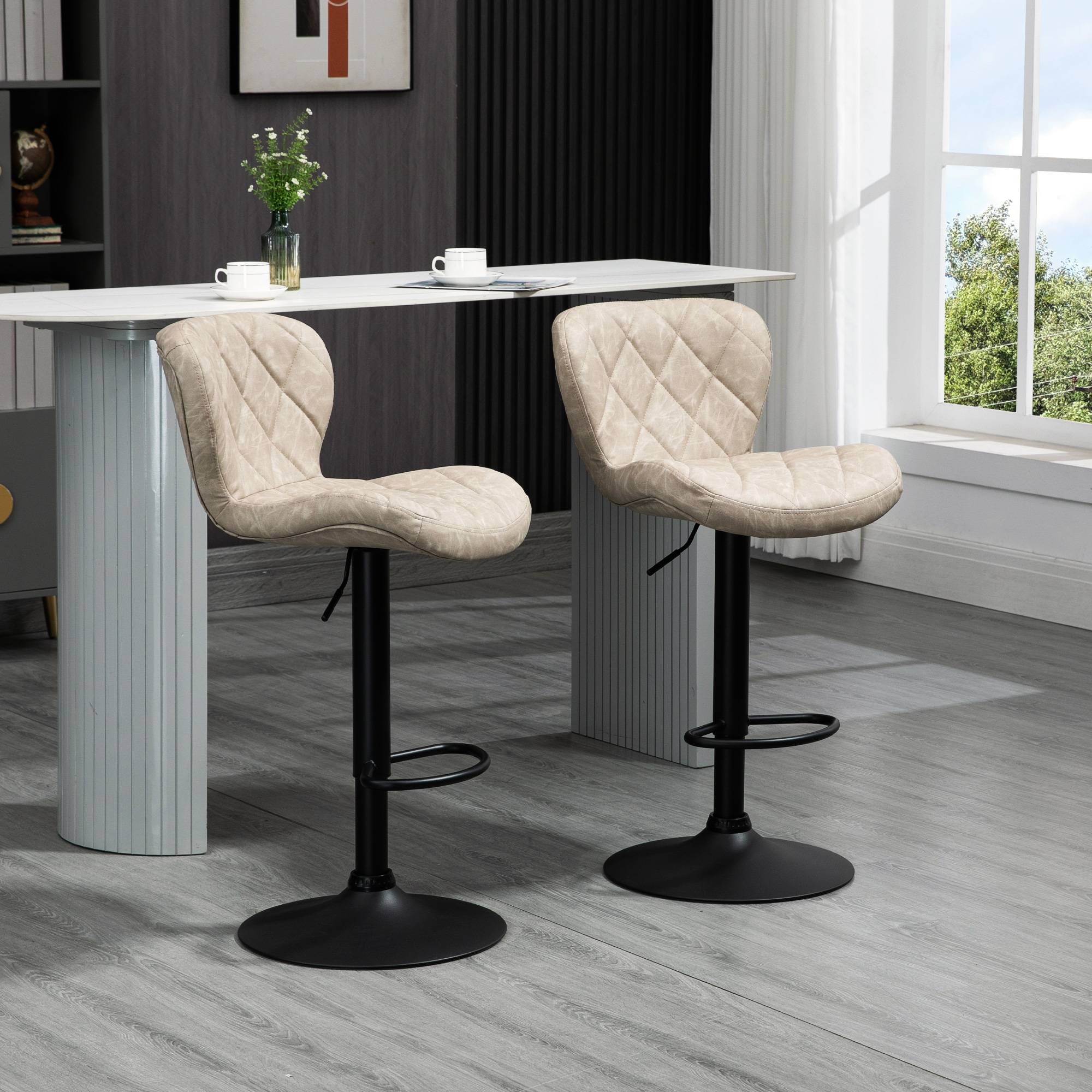 HOMCOM Set of 2 Bar Stool with Backrest and Footrest - Khaki - Image 2