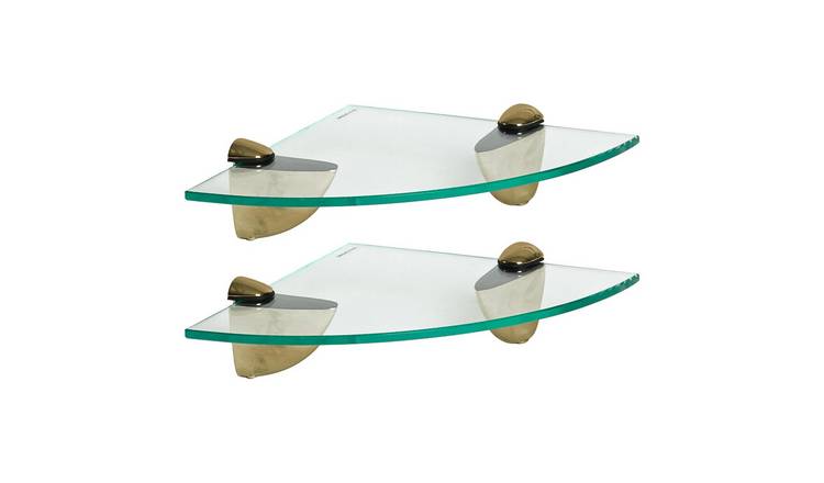 Harbour Housewares Floating Glass Bathroom Corner Shelves - 2x Gold - 20 x 20cm