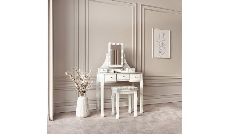 CARME Home Arianna Dressing Table & Stool with Hollywood Lights - White
