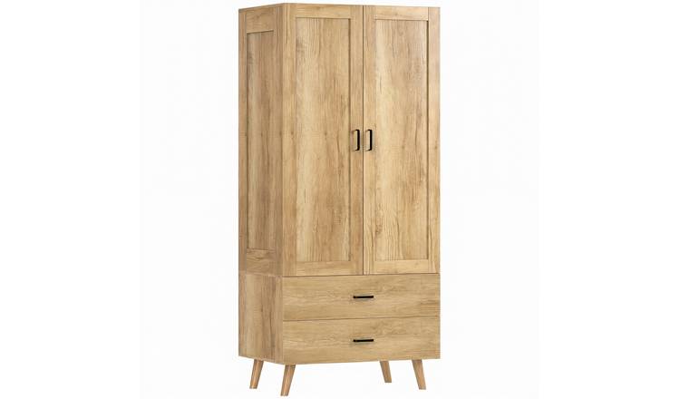 HOMCOM 2 Door Wardrobe with 2 Drawers and Hanging Rail - Natural