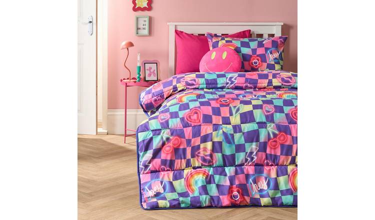 OHS Kids Checkerboard Coverless 10.5 Tog Duvet Set Neon - Single
