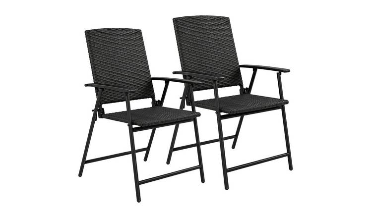 Outsunny Set of 2 PE Rattan Foldable Garden Chair with Armrest - Black