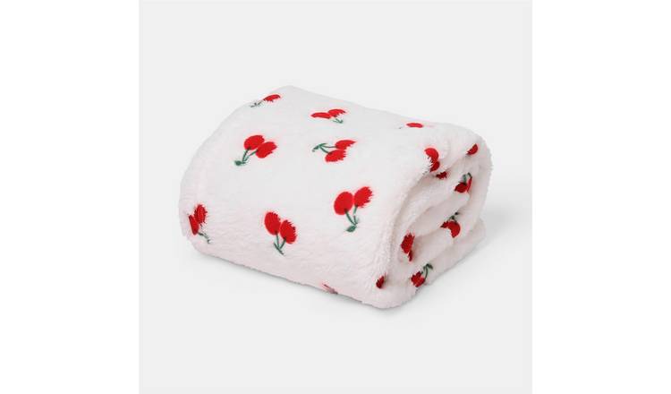 OHS Cherry Embossed Soft Fleece Throw - 125 x 150cm - Cream/Red