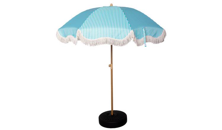 GardenKraft 2m Coastal Striped Outdoor Garden Parasol - Teal