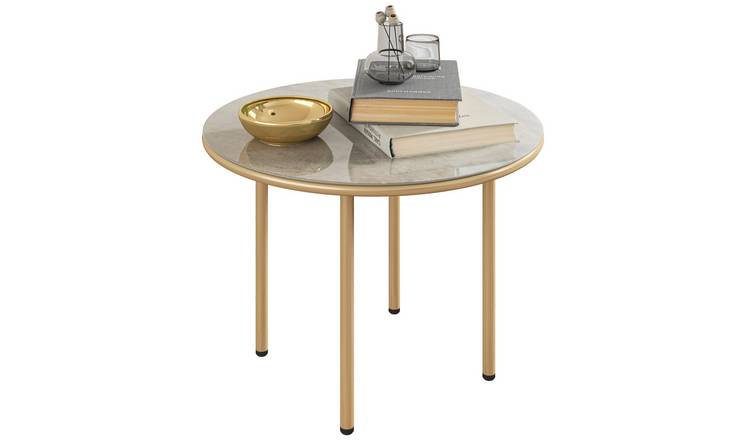 Outsunny Steel Garden End Side Table with Marble Tempered Glass Top - Beige