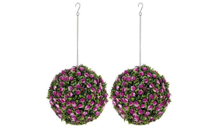 HOMCOM Set of 2 Hanging Artificial Topiary Balls with Rose - Purple